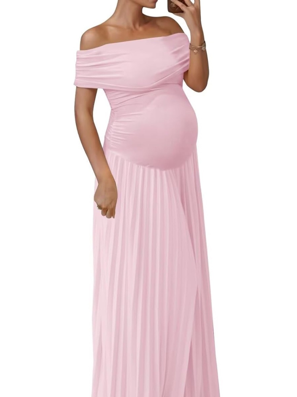 Off-Shoulder Maternity Maxi Dress in Light Pink